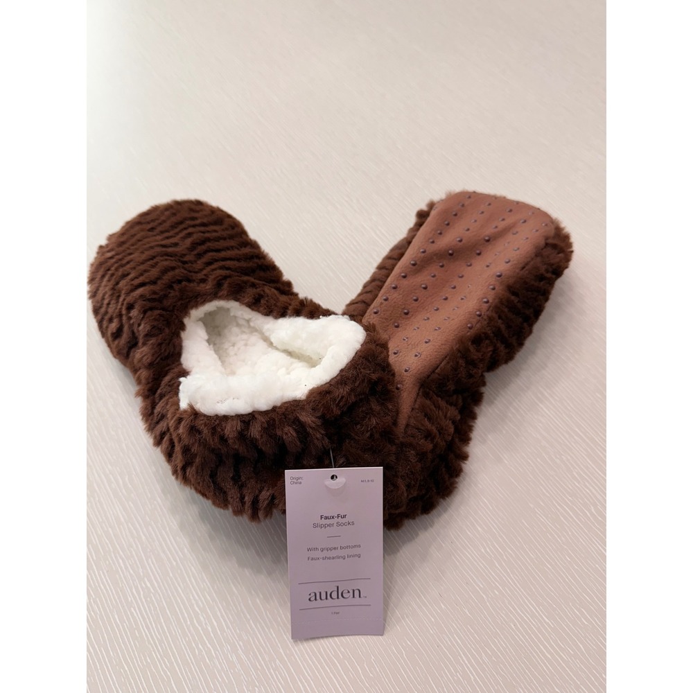 Auden Brown Faux-Fur Slipper Socks with Gripper Bottoms M/L 8-10 NWT
